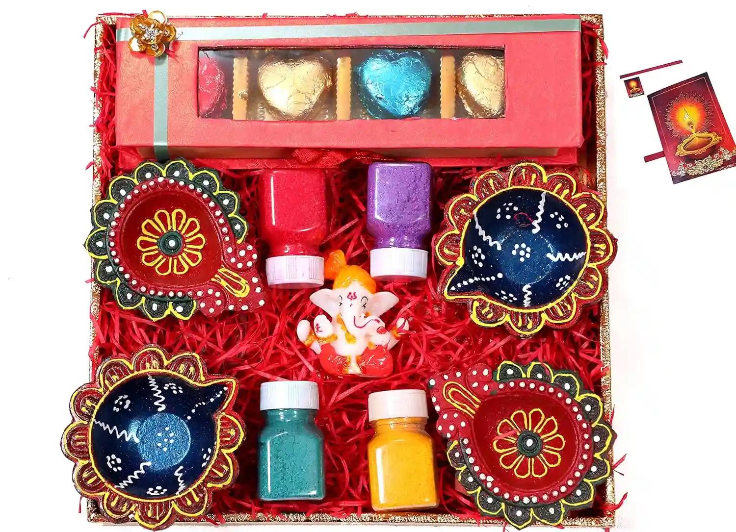 Diwali gift hamper/Diwali gifts for friends and family/Diwali gift hampers for employees-designer tray+Chocolate box+figurine showpiece+4 designer diy+rangoli colours +Diwali card