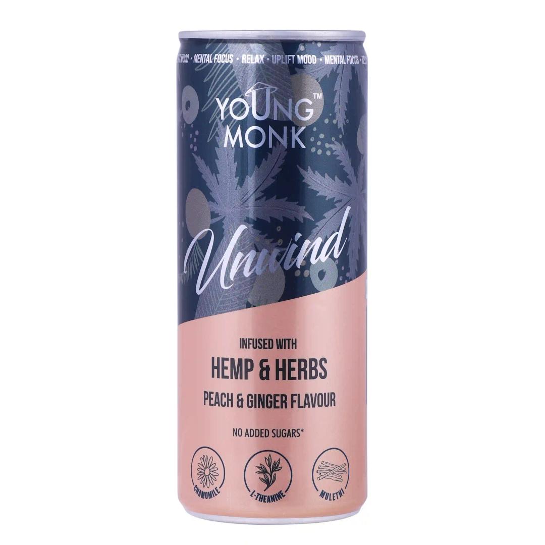 Young Monk Unwind Cans Drink - Peach & Ginger Flavour - Ready To Serve Fruit Beverage - No Added Sugar - 250 ML (Pack of 6)