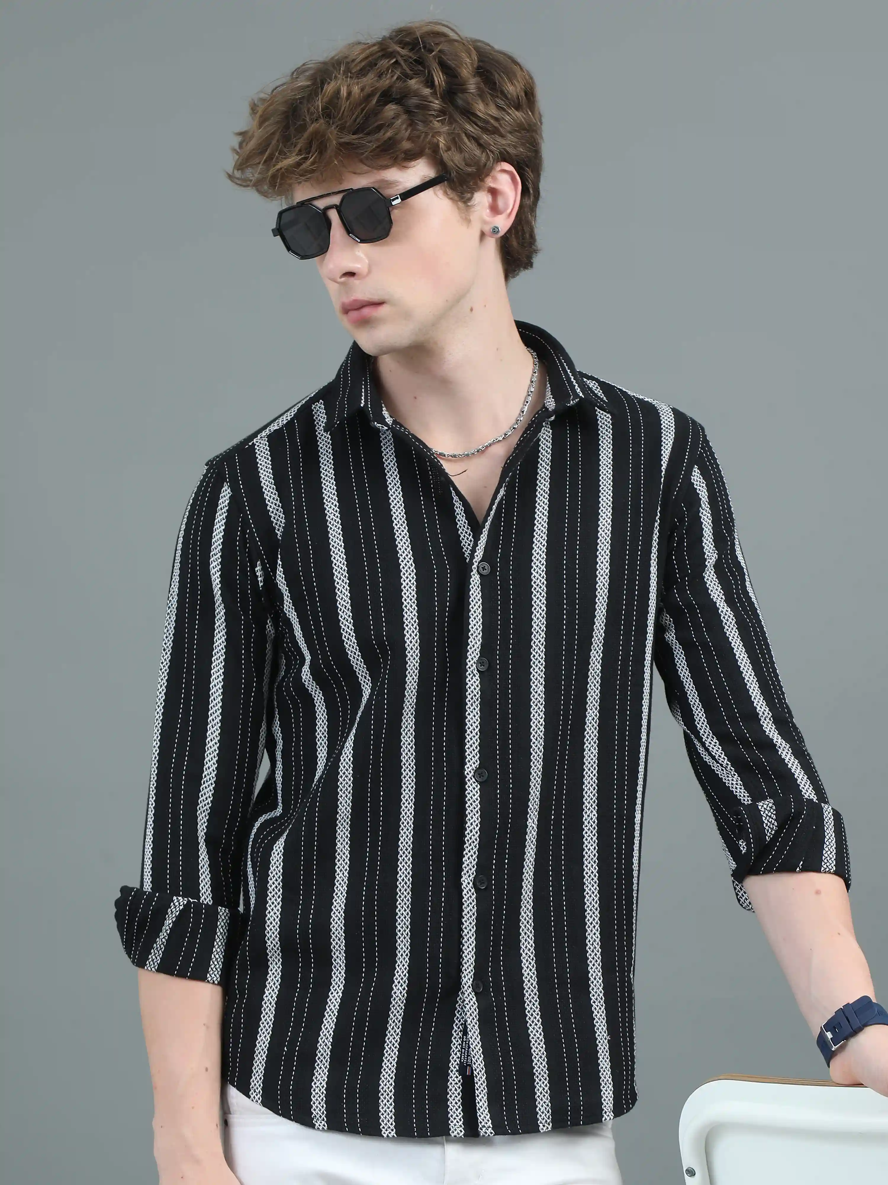 Black Ascot Striped Shirt M