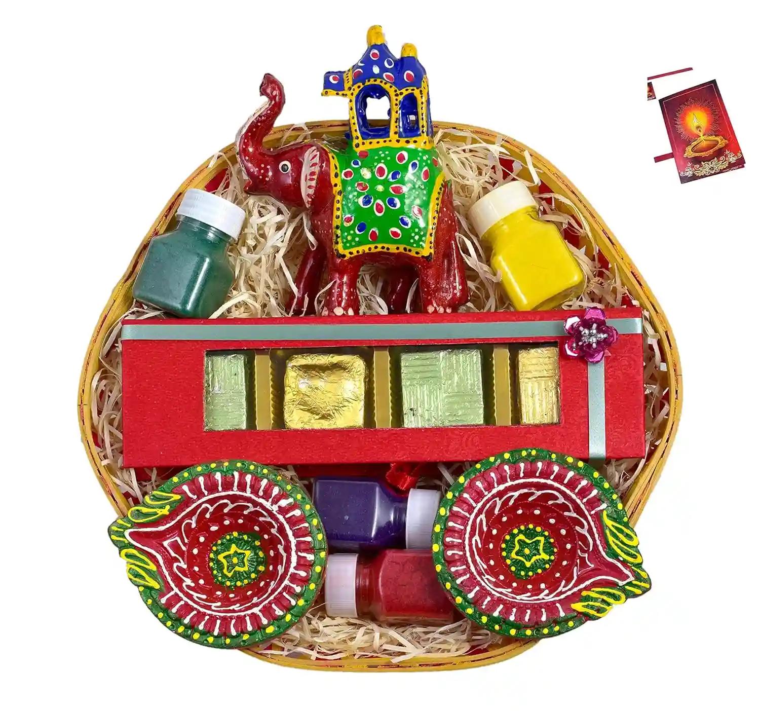 Diwali gift hampers box/Diwali gift/Diwali gift items/Diwali gifts for corporate employees-Decorated basket+Handmade chocolate box+1 decorative Ambawadi elephant+2 diya+4 rangoli colours+Diwali card