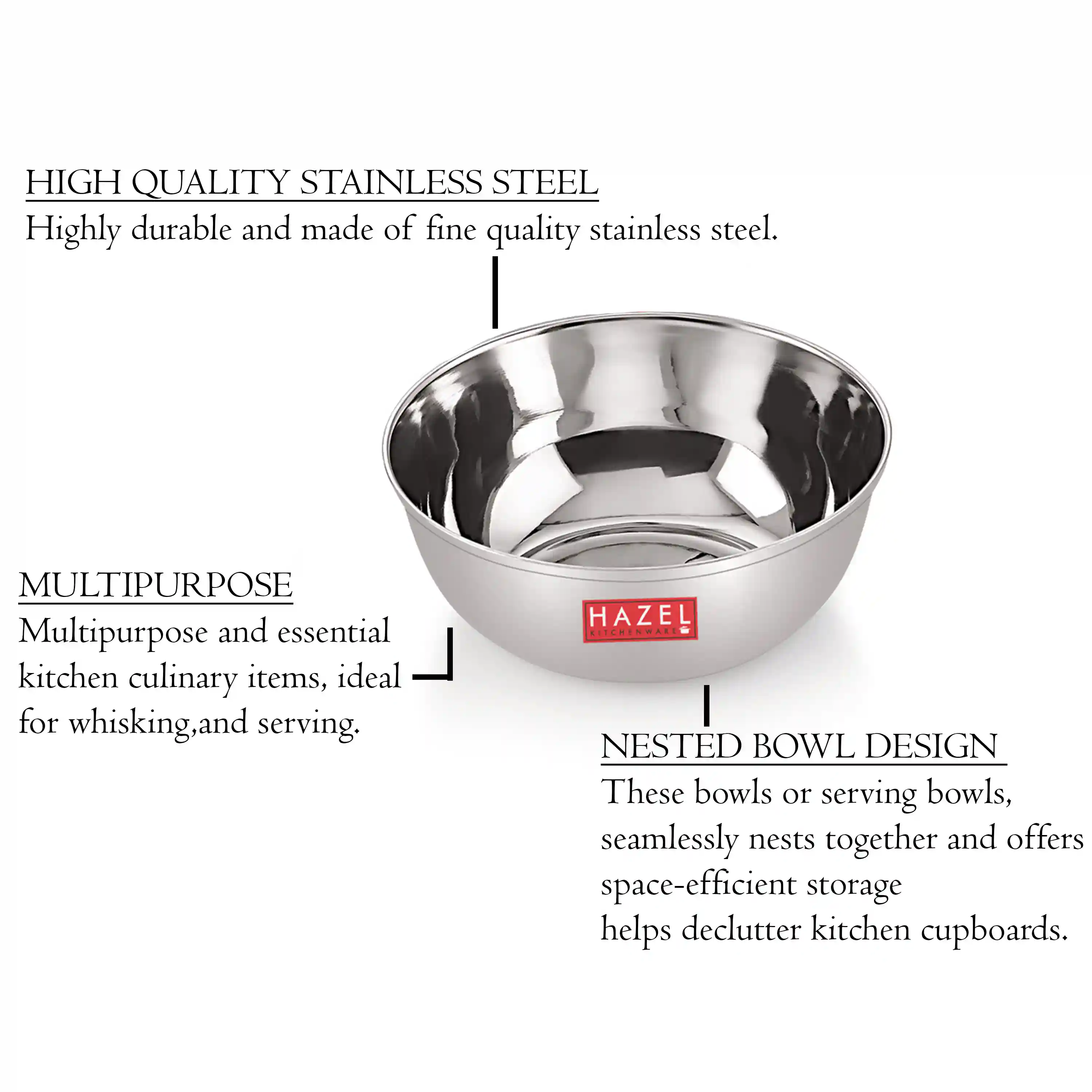 HAZEL Stainless Steel Modern Bowl - Set of 6, Silver