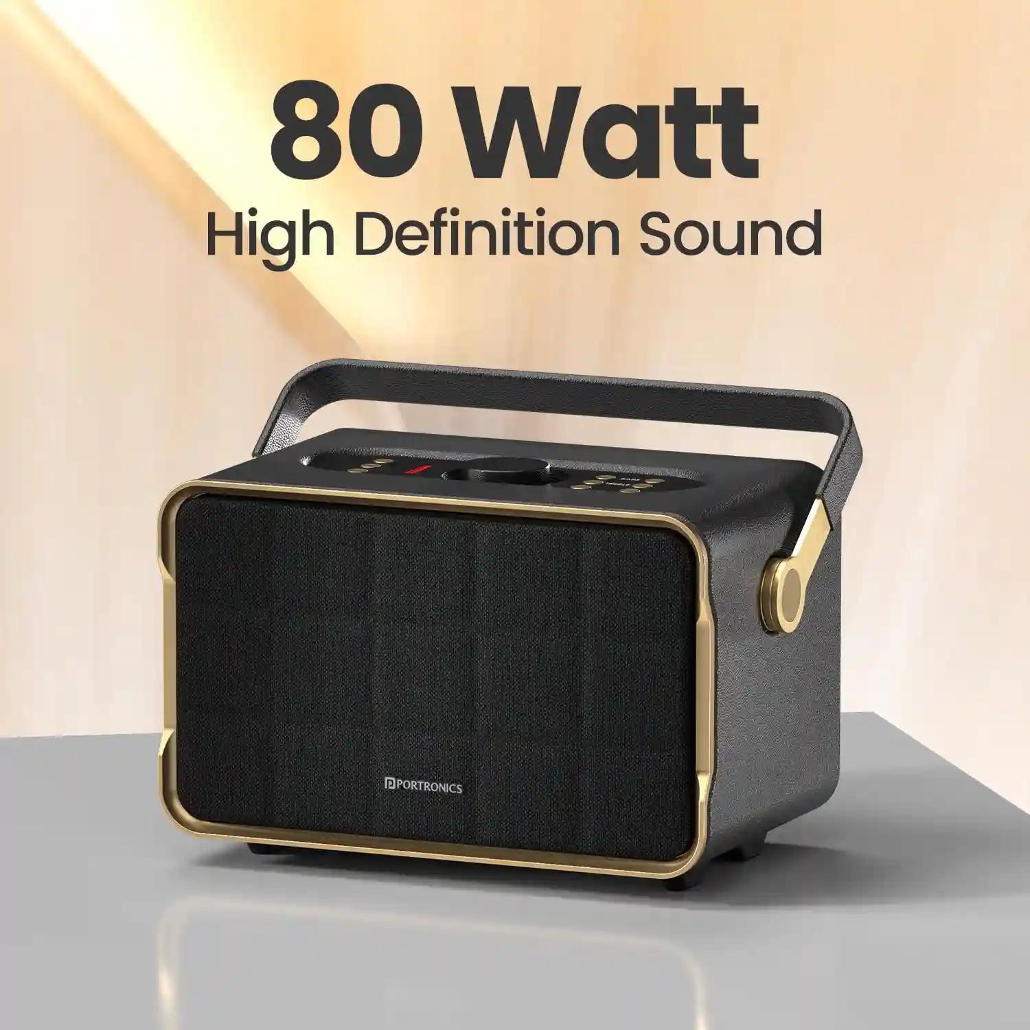 Portronics Harmony 80W Premium Portable HD Sound Speaker, Upto 6 Hours Playtime, 2.1 Channel, Bass Boost Technology, Bass/Treble Adjustment, Bluetooth Connectivity, Aux In, USB In, Bass Radiator