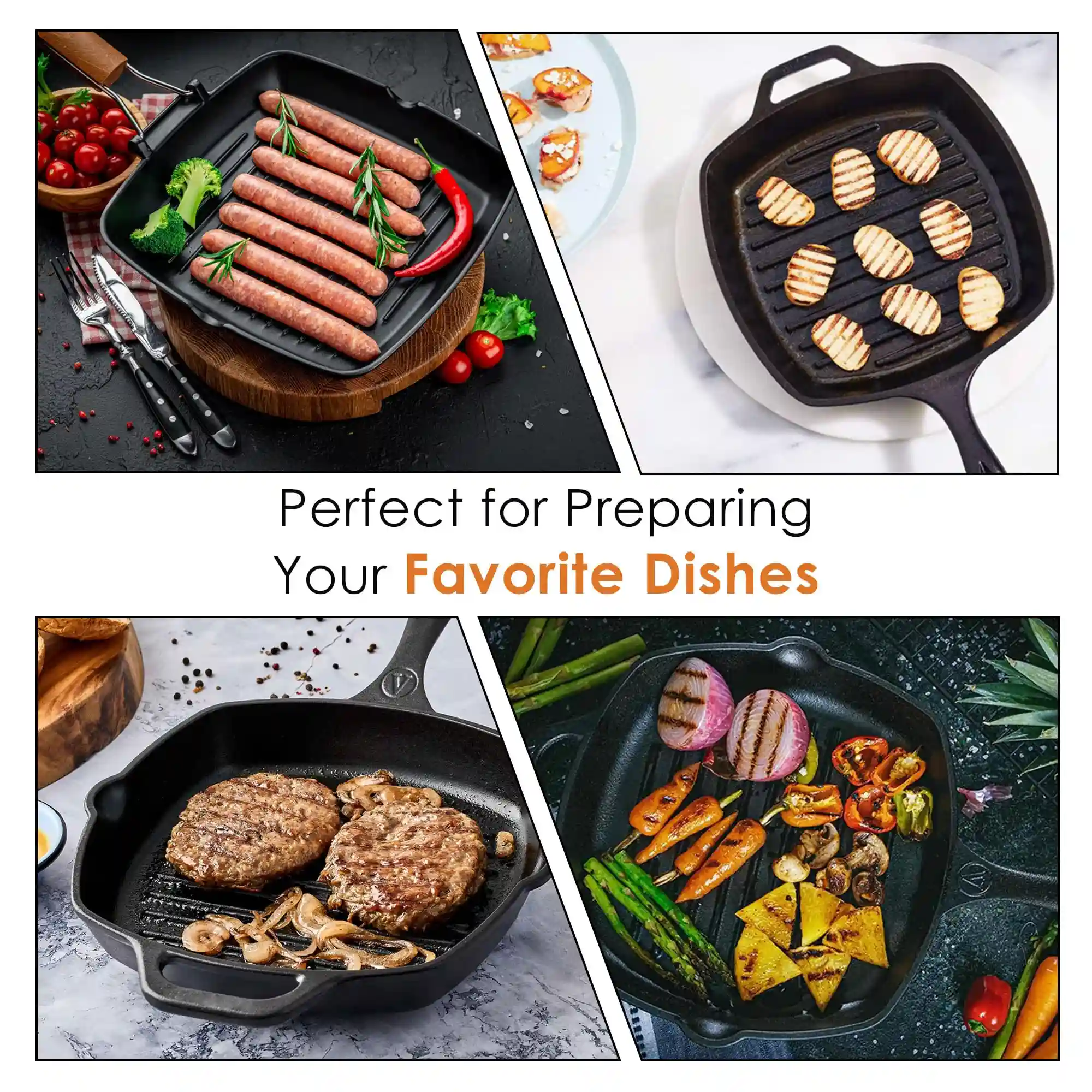 SOLARA Crownstone Premium Cast Iron Grill Pan with Long Handle, 10 Inch/24 Cm, Induction Friendly, 100% Pure & Toxin-Free Tandoor Grill Pan