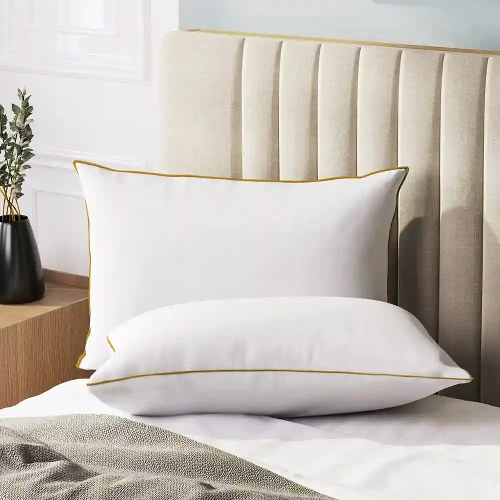 Sleepsia Luxurious Hotel Pillow For Sleeping - Ultra Soft Fiber Bed Pillows With Golden Piping For Side Back And Front Sleeper (White) Pack Of 2