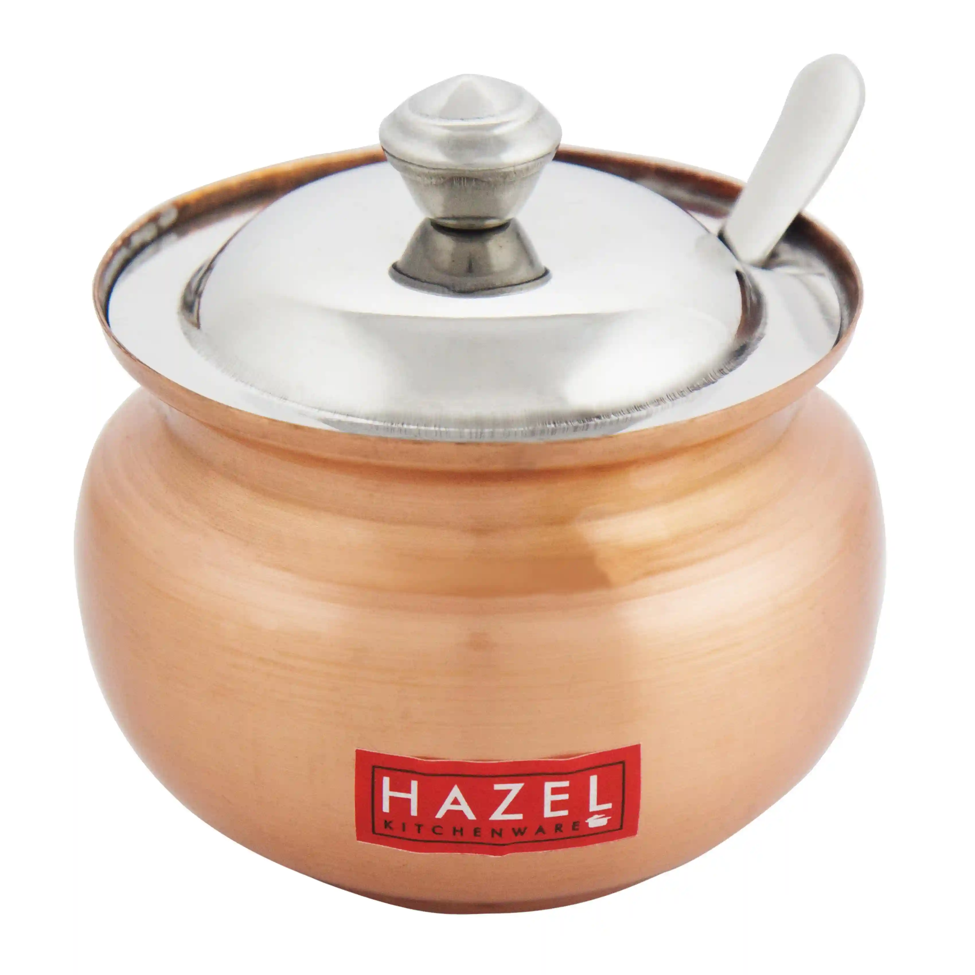HAZEL Ghee Pot With Spoon | Copper Coated Stainless Steel Ghee Container For Kitchen | Premium Oil Container With Lid For Pooja Items, 150 ML