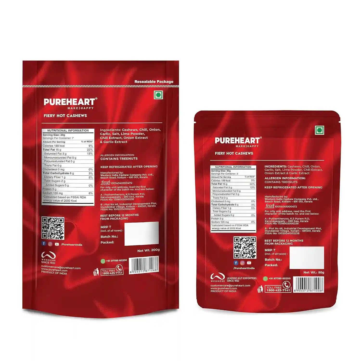 PUREHEART Nutreat Fiery Hot Cashews (Pack of 200 gm & 80 gm) Natural Premium Spicy Roasted Whole Cashew Nuts/Kaju Dry Fruit, Crunchy & Delicious Chili Cashews Combo - Resealable Pouch
