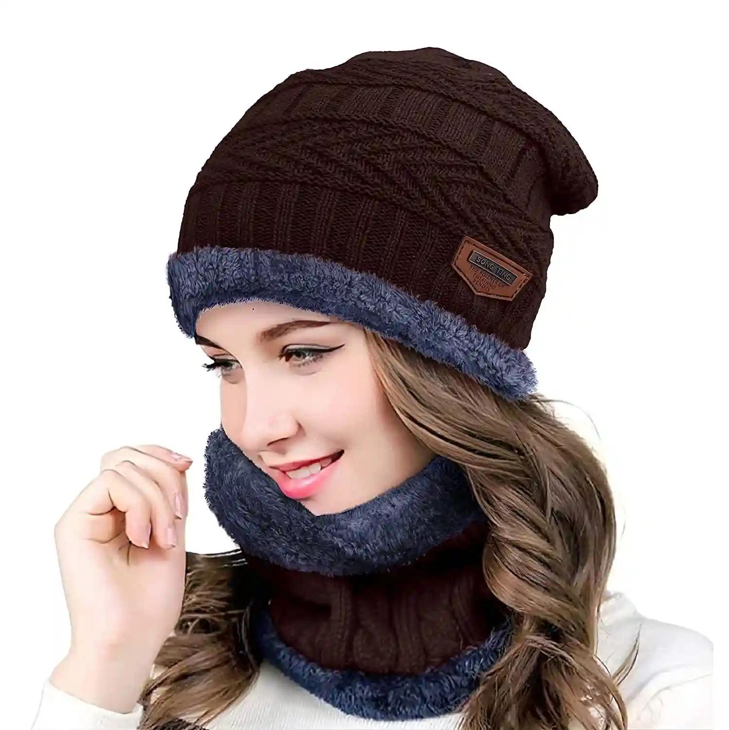 YOUTH ROBE - Premium Brand Knitted Winter Cap & Neck Scarf with fleece,Unisex Beanie Cap with Neck Warmer for Women,Thermal Cap, Fluffy Woolen Cap (set of gloves and cap) Brown