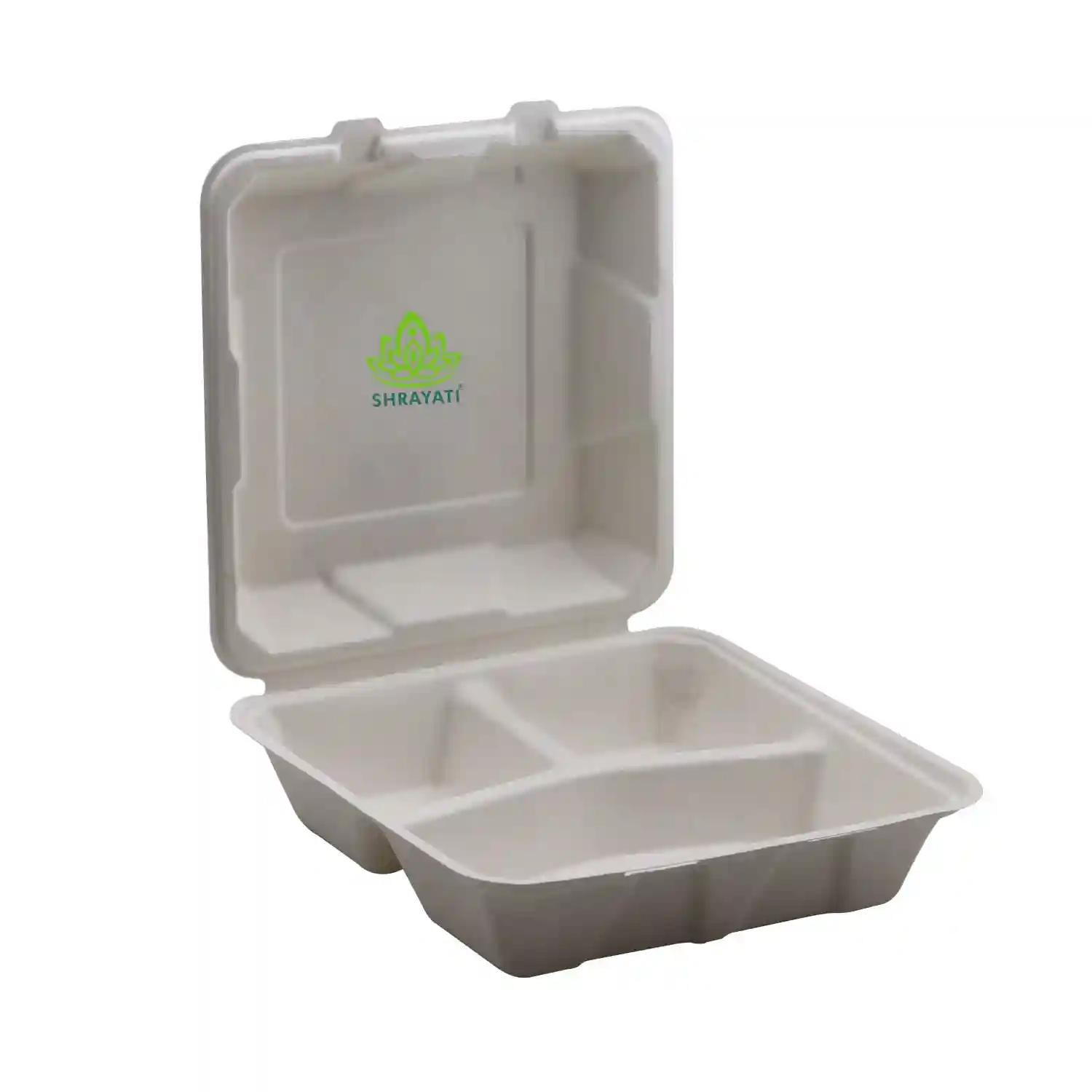 SHRAYATI Sugarcane Bagasse Clamshell - 8 x 8 Inch, 3 CP Alpha, Pack of 25 Pcs, 100% Bio degradable, Best for Party, Home, Office and All Occasions