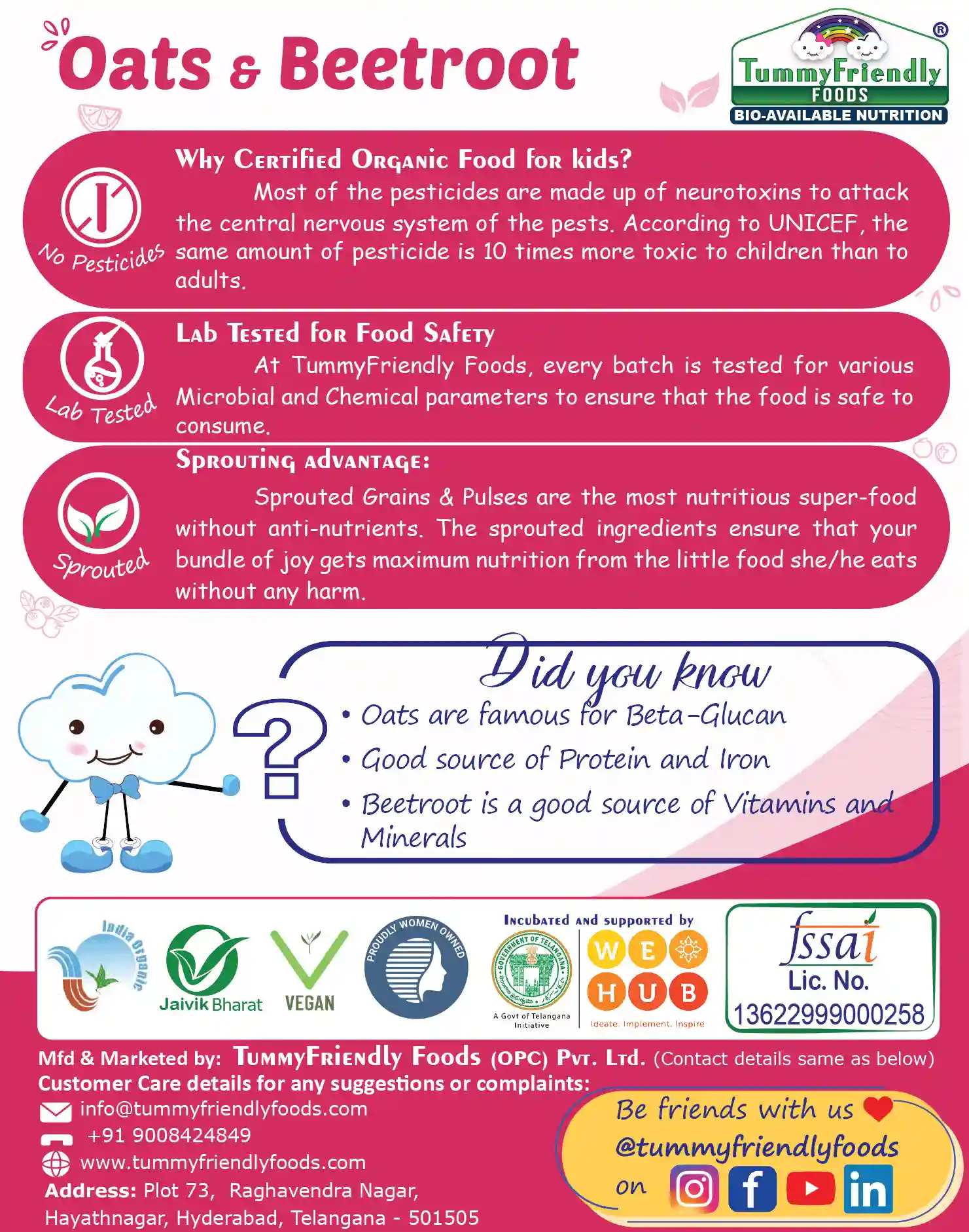 Tummyfriendly Foods Certified 100% Organic Oats, Beetroot Porridge Mix | Organic Baby Food For 6 Months Old | Rich In Beta-Glucan, Protein & Fibre| 200G Cereal (200 G)
