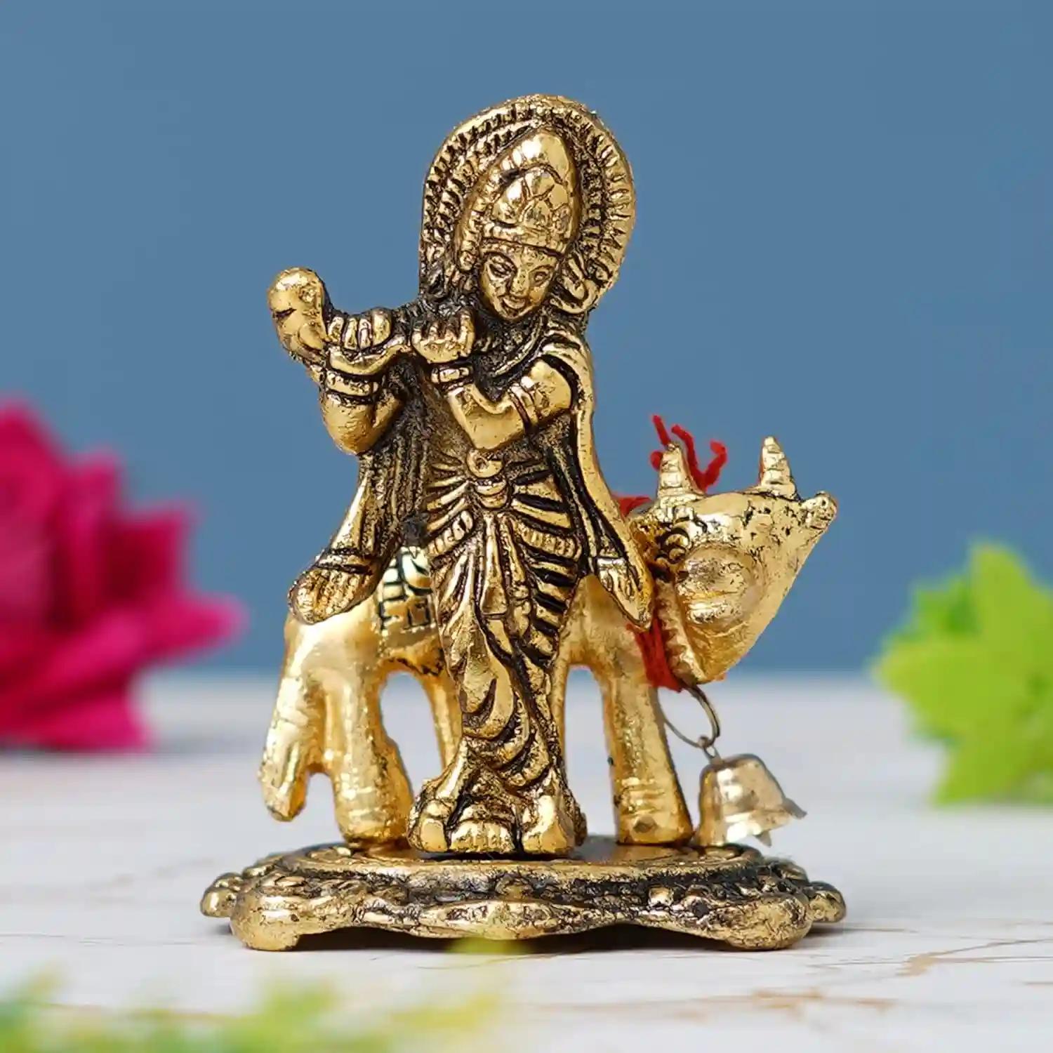 WEBELKART Premium Metal Lord Krishna Playing Flute On Kamdhenu Cow Idol Statue Murti Hindu God Religious Idol Krishan Showpiece Figurine for Home Puja Gifts Decor| Diwali Gift Item (Gold, 3.5 Inches)