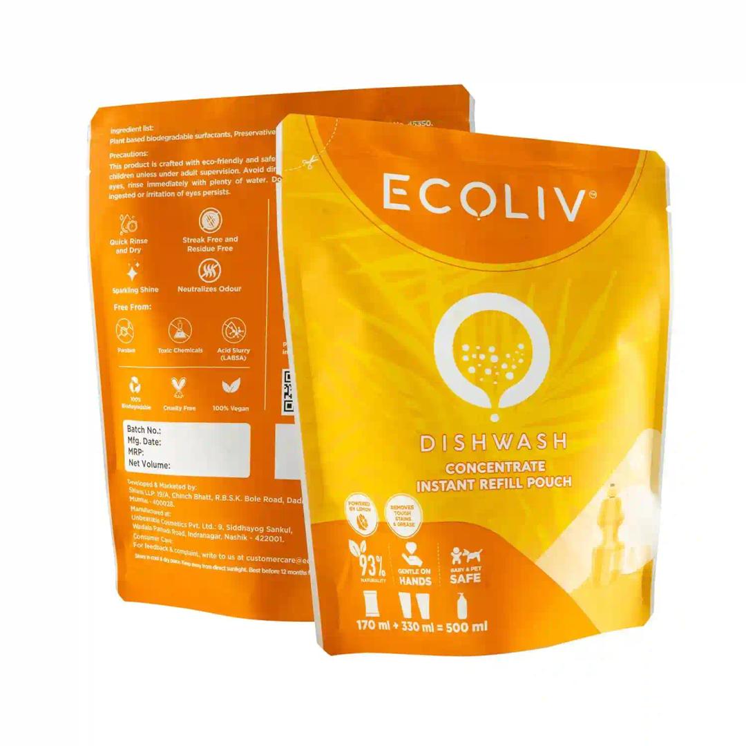 ECOLIV Dishwash Gel Refill 1Ltr (170ml x2)| Add Water Makes 500 ml each| Concentrate Dish wash Refill| grease| Acid Slurry Free|No skin irritation