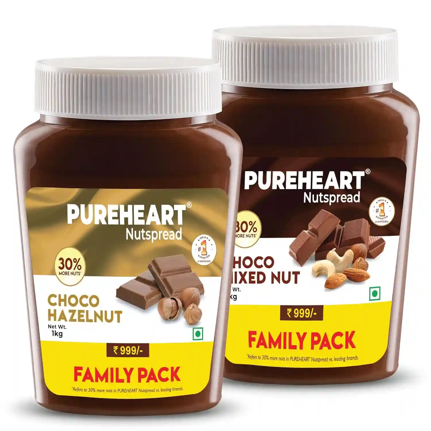 PUREHEART Nut Spread Combo of Choco Hazelnut (1 kg) and Choco Mixed Nut (1 kg) Delicious and Creamy Snack, Nutty Chocolate Spread for Breakfast