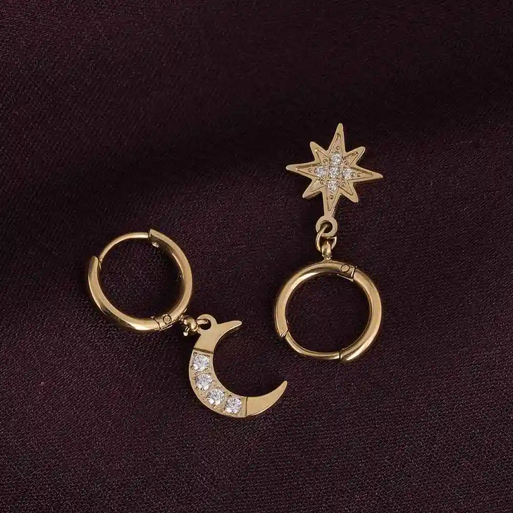 Palmonas 18K Gold Plated Studded Star Moon Hoop Earrings For Womens Waterproof & Anti-Tarnish