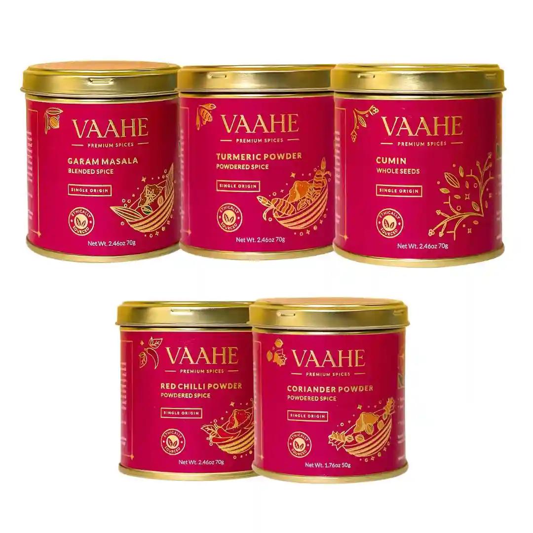 VAAHE Everyday Essentials Spice Kit | Garam Masala, Cumin Seeds, Red Chilli Powder, Turmeric Powder, Coriander Powder | Single Origin | Premium Spices - Pack of 5