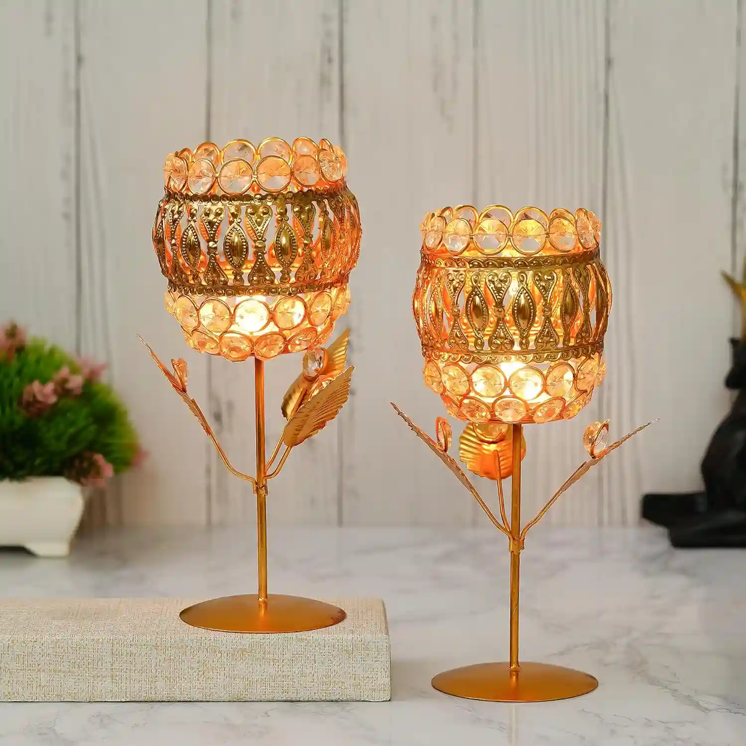 WEBELKART Premium Crystal Brass Rose Candle Holder for Diwali Decoration |Tealight Candle Holder for Table Decor - Gift Items for Home and Office Decor Set of 2(8.66" Inches Gold)