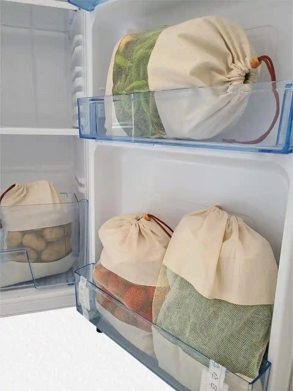 Fab Ellite Cotton Vegetable Bags Fridge Storage Bag Sabji Fruits Pouch Refrigerator Produce bags Clothe Muslin Reusable Washable with Drawstrings.(10 x 13) inch. (PACK OF 8)