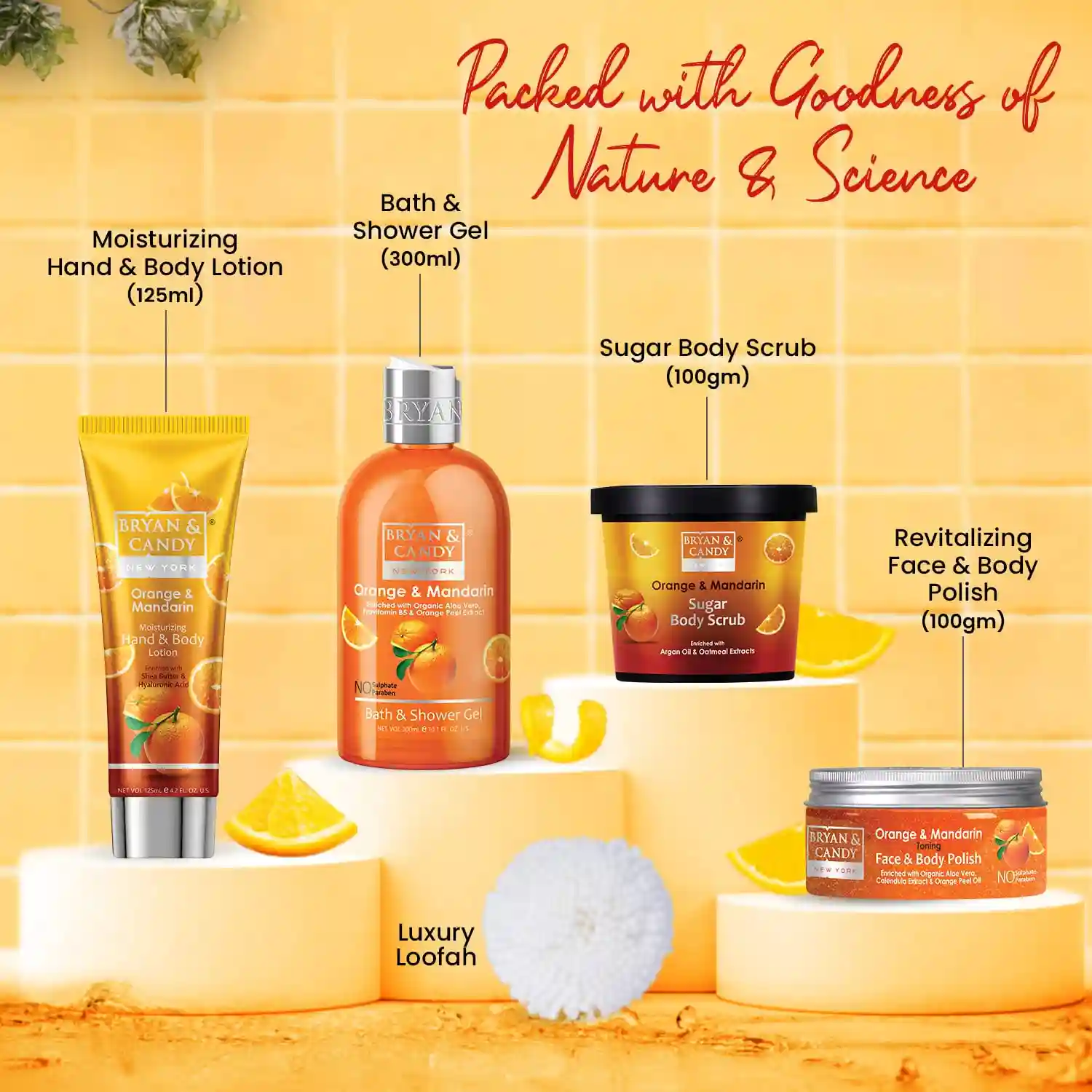 Bryan & Candy Orange & Mandarin Bath Tub Kit | Gift For Set For Women And Men, Complete Home Spa Experience, 100% Vegan, SLS & Paraben Free, Ph5.5 Skin Friendly (Shower Gel, Hand & Body Lotion, Sugar Scrub, Body Polish)