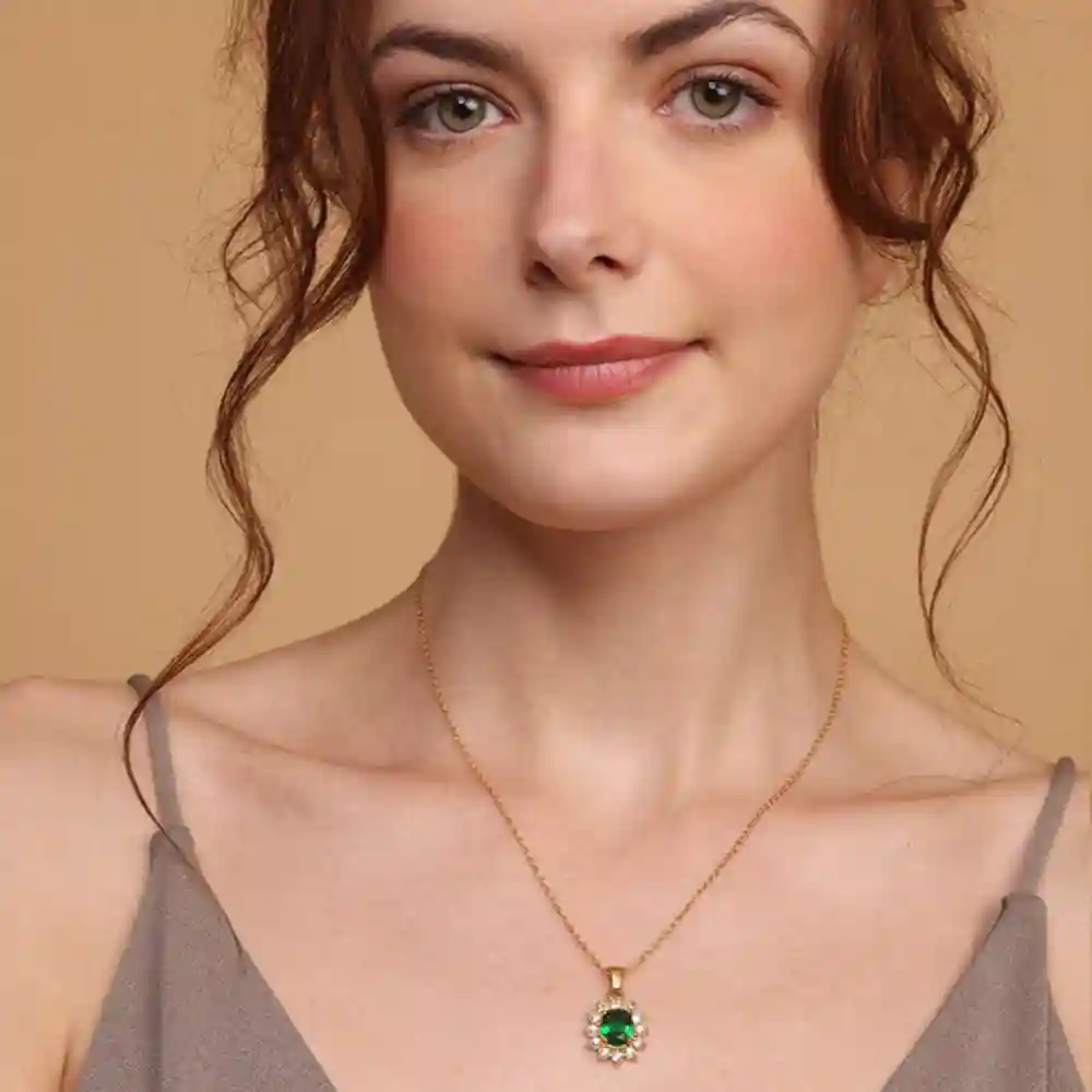 Palmonas 18K  Gold Plated Green Sapphire And Diamond Halo Pendant For Womens Waterproof & Anti-Tarnish