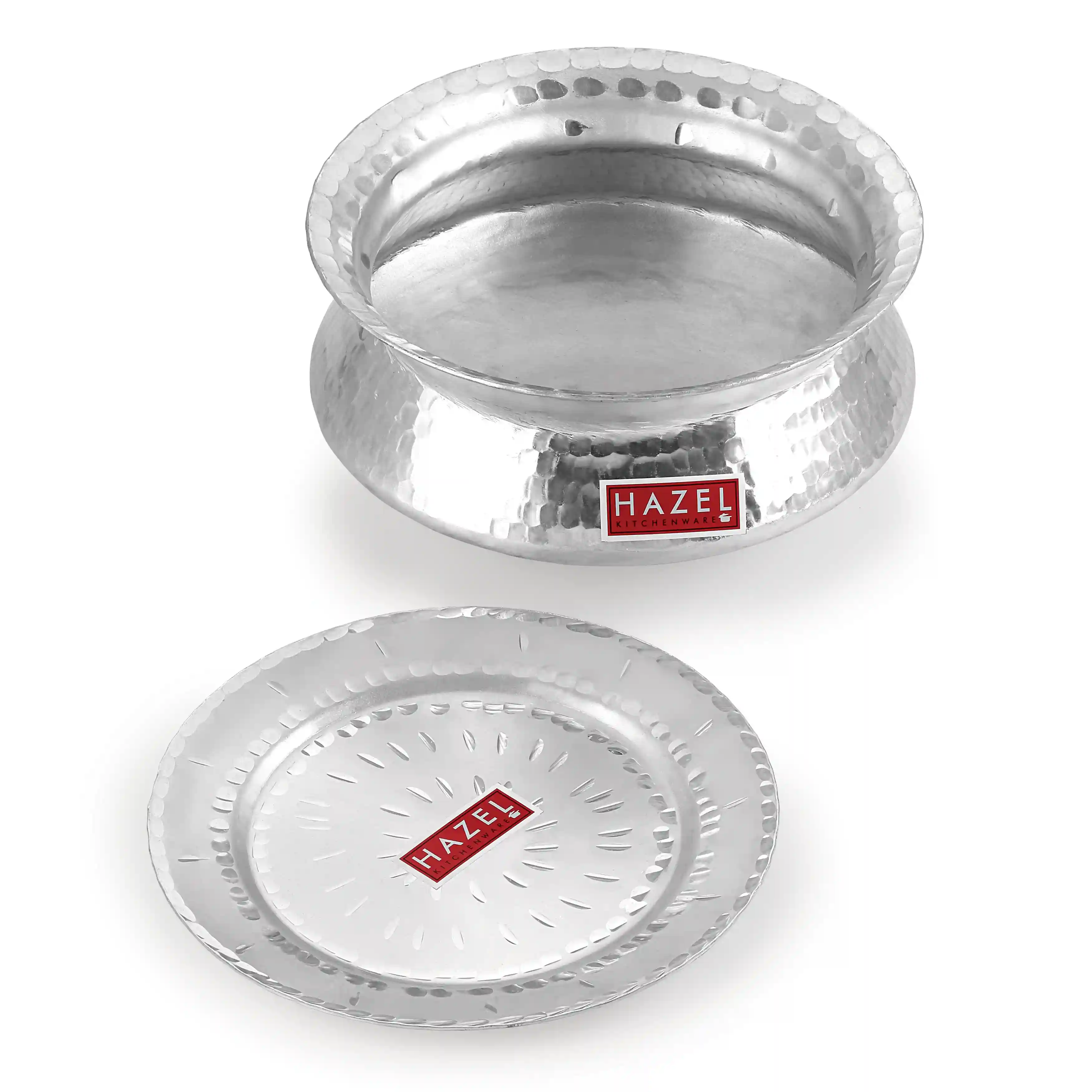 HAZEL Aluminium Hammered Finish Handi with Lid Biryani Rice Cooking Pot Dhari Patiya Tope Patila Vessel, 24 cm, 3600 ML Silver