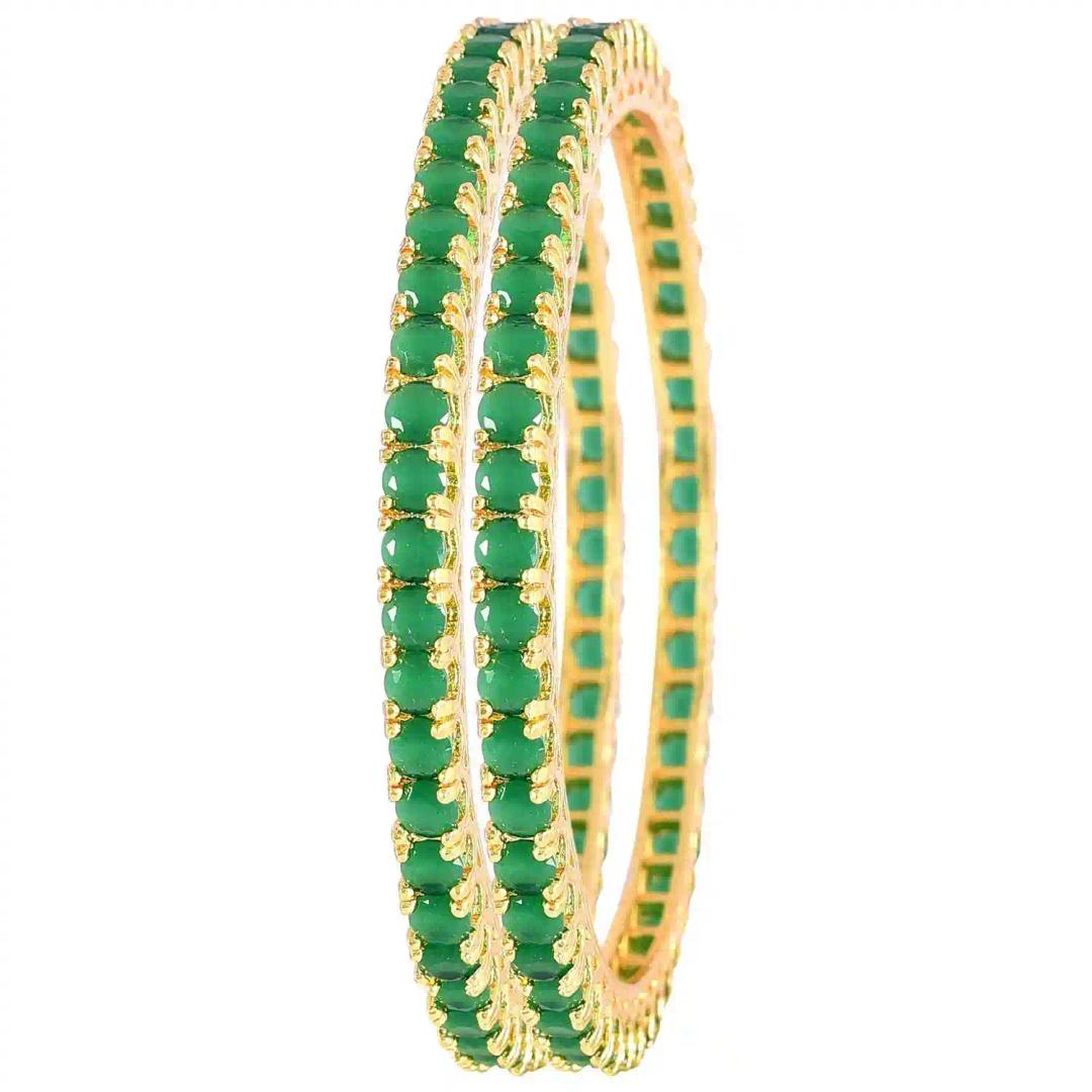 JEWELOPIA Elegant Emerald Stone Studded American Diamond Bangles 18k Gold Plated 2 PCs Handcrafted Round Solitaire AD Bangles Set for Women & Girls (2-6)