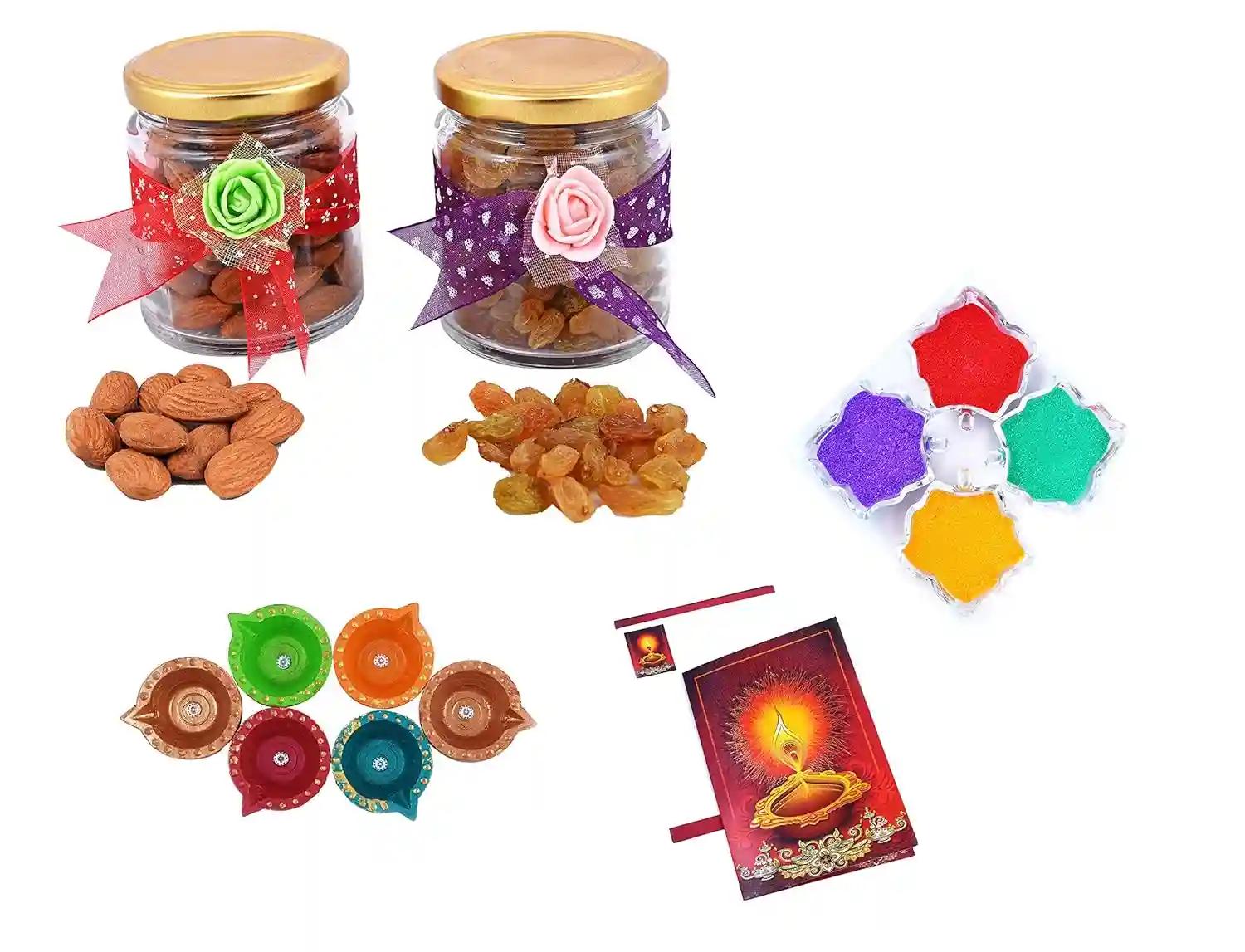 MANTOUSS Diwali Dry Fruit Decorative Glass Jar-Almond and Raisin(100gms Each),200 GMS + 2 Cute diyas, Rangoli Colours and Diwali Greeting