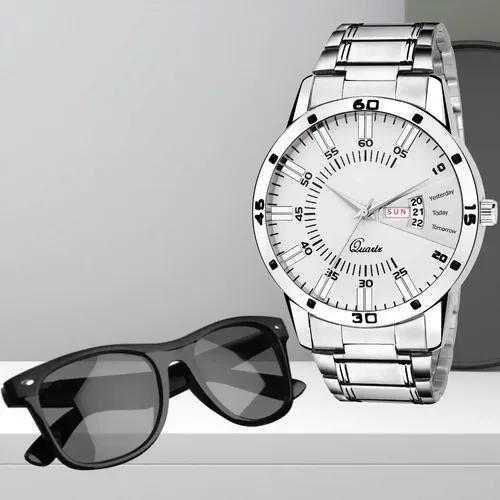 White Day & Date Analog Watch With Sunglasses For Men