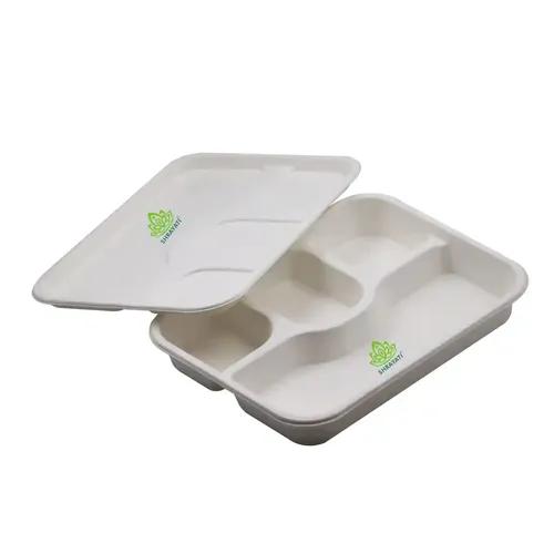 SHRAYATI Sugarcane Bagasse Rectangle - 4 Compartment Meal Tray, 100% Bio degradable, Best for Party, Home, Office and All Occasions