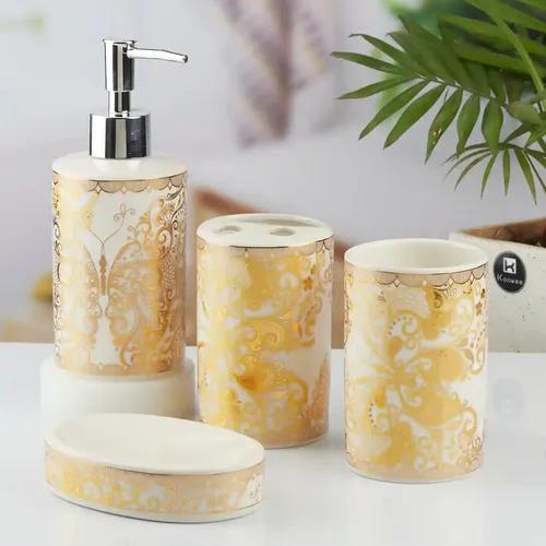 Kookee Ceramic Bathroom Accessories Set of 4, Modern Bath Set with Liquid hand wash Soap Dispenser and Toothbrush holder, Luxury Gift Accessory for Home, Gold (10378)