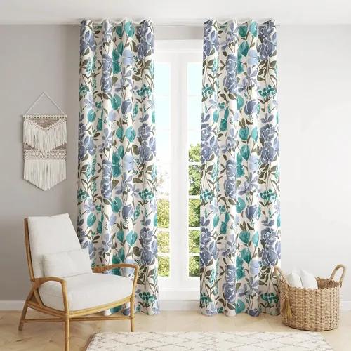 TRANCE HOME LINEN 100% Cotton 9 Feet Semi Sheer Curtains For Long Doors | Printed Parda For Living, Bed Room Long Doors (Huvu Blue - Set Of 2, 9Ft Long Grommet Door Curtains)