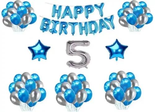 TrendzyKart 5th Happy Birthday Decoration Combo With Foil And Star Balloons (Blue, Silver)