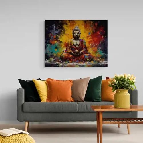 Bittybopp Colorful Gautam Buddha Canvas Print |Stretched Frame| Canvas wall painting |Wall Decor |Home Decor (24x18 Inch)