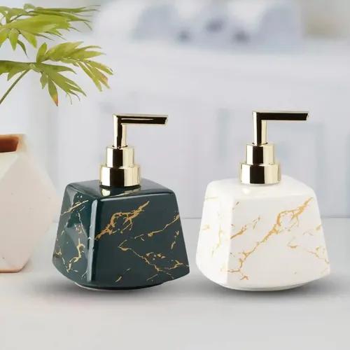 Kookee Ceramic Soap Dispenser for Bathroom hand wash, refillable pump bottle for Kitchen hand wash basin, Set of 2, Green/White (10831)