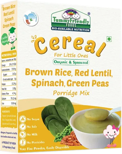 Tummyfriendly Foods Certified Organic Sprouted Brown Rice, Red Lentil, Spinach, Green Peas Porridge Mix | Excellent Weight Gain Baby Food| Made Of Sprouted Brown Rice | 200G Cereal (200 G)