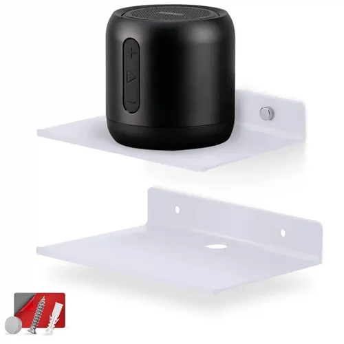 ORGANIZEMEE Metal Small Wall Mounted Shelves,Bluetooth Speaker,Wi-Fi Camera Stand Corner Floating Shelf For Living Room & Bedroom,Home Decor Items Plant Pot Mounting Racks [15.5 X12.5Cm] Qty 2 (White)