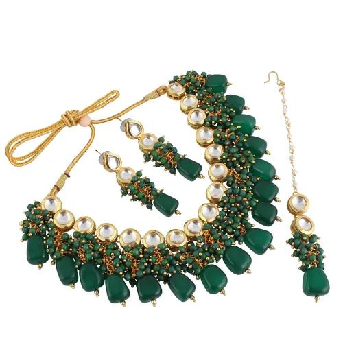 Gold Plated(18k) Big Kundan Dibbi Choker With Beads Necklace Set & Maang Tika - Dark Green