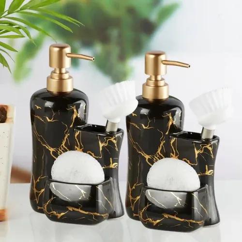 Kookee Ceramic Soap Dispenser for Bathroom hand wash, refillable pump bottle for Kitchen hand wash basin, Set of 2, Black/Gold (10966)