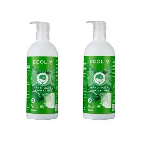 ECOLIV Tropical Mix Hand Wash 1 Litre Combo| Pack of 2 x 500 ml Bottles| Ecofriendly and plant Based Handwash with 90% Naturality | pH 5.5| Rich Lather and Luxurious Foam | Fights 99.99% germs and protects from diseases