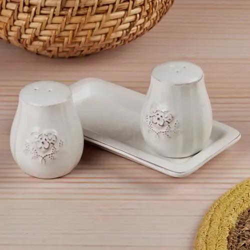 Kookee Ceramic Salt and Pepper Shakers Set with tray for Dining Table used as Namak Dhani, Shaker, Sprinkler, Spices Dispenser for Home, Kitchen and Restaurant, White (10656)