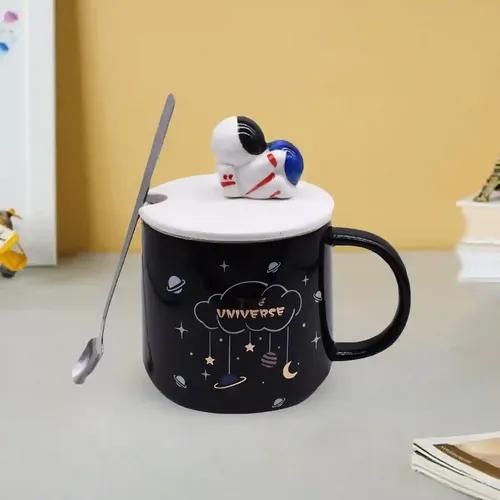 Kookee Fancy Ceramic Coffee or Tea Mug with Lid and Handle with Spoon for Office, Home or Gifting (8549)