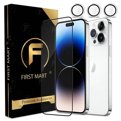 FIRST MART for iPhone 14 Pro Max Tempered Glass and 1 Set of Individual White Camera Rings Protectors, 2.5D Curved Edges, Full-Coverage Military-Grade Protection, Scratch Resistant | White Rings