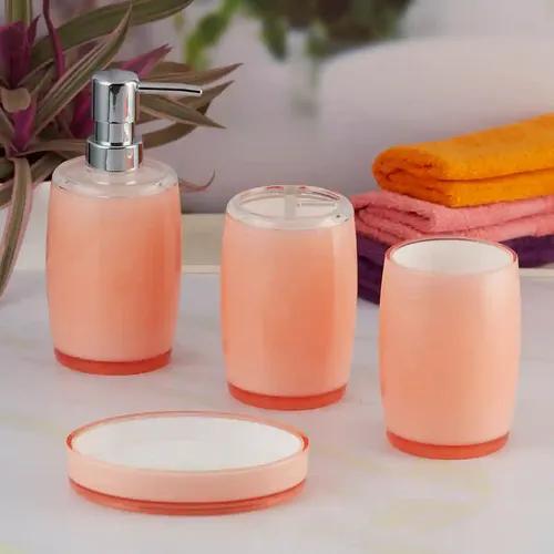 Kookee Acrylic Bathroom Accessories Set of 4, Modern Bath Set with Liquid handwash Soap Dispenser and Toothbrush holder, Luxury Gift Accessory for Home - Orange (8332)