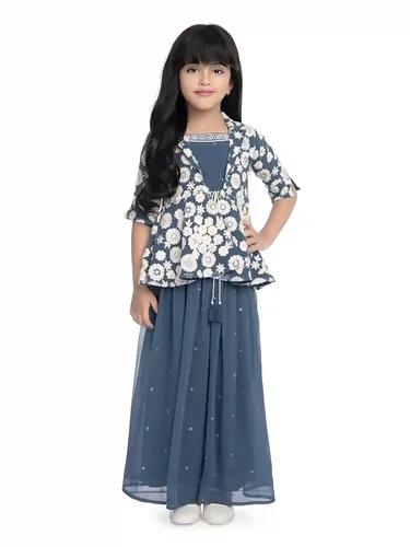 Betty Blue Colored Georgette Fabric Stitched Palazzo Set along with Jacket - 5-6 Yrs