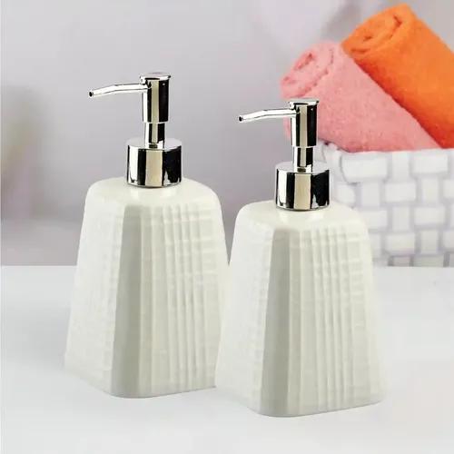 Kookee Ceramic Soap Dispenser for Bathroom hand wash, refillable pump bottle for Kitchen hand wash basin, Set of 2, White (10989)