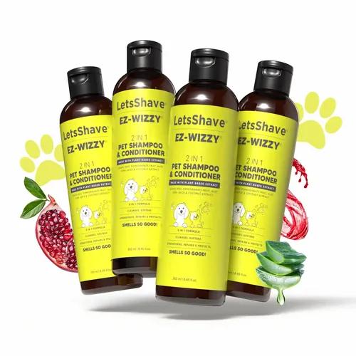 LetsShave EZ-WIZZY 2 in 1 Pet Shampoo for dogs (1000ml), Enriched with Pomegranate & Aloe Vera Juice, Puppy Safe Formula, Shampoo & Conditioner for Dogs, Cats & Other Animals, (250ml x 4)