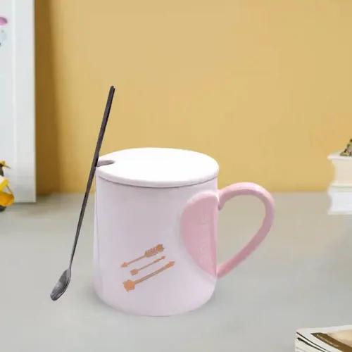 Kookee Fancy Ceramic Coffee or Tea Mug with Lid and Handle with Spoon for Office, Home or Gifting - 325ml (HY-1015-C)