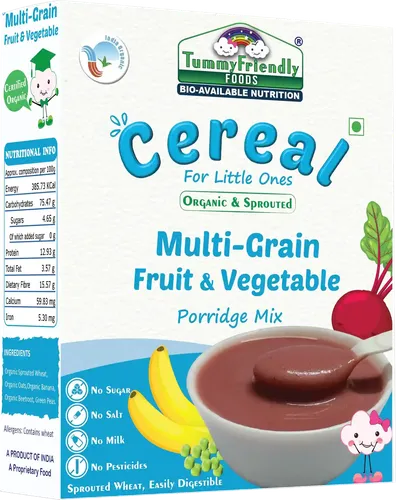 Tummyfriendly Foods Certified Organic Sprouted Multigrain Fruit Vegetable (Sprouted Wheat, Oats, Banana, Beetroot, Green Peas) Porridge Mix | Organic Baby Food For 8 Months Old | Made Of Sprouted Whole Wheat | 200G Cereal (200 G, 8+ Months)