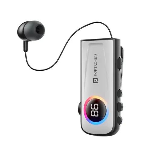 Portronics Harmonics Klip 5 Retractable Bluetooth Calling Earphone with Upto 15 Hour Playback, Vibration Prompt, LED Battery Display, HD Clarity Mic, Voice Assistance, Type C Charging(White)