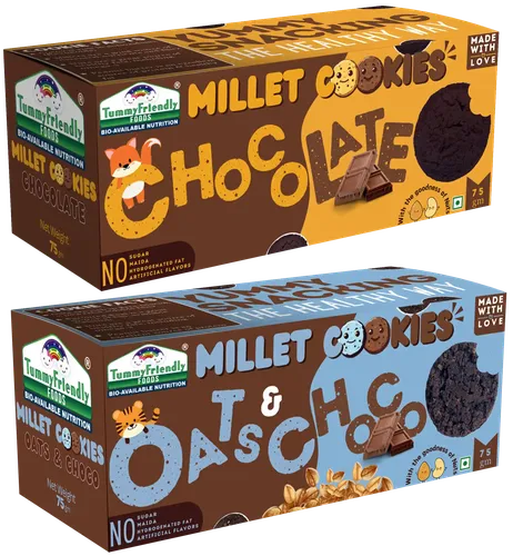 Tummy Friendly Foods Millet Cookies - Chocolate, Oats-Chocolate - Pack Of 2 - 75G Each. Healthy Ragi Biscuits, Snacks For Baby, Kids & Adults