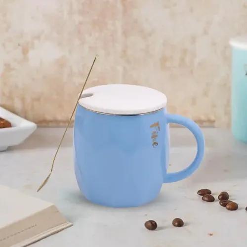 Kookee Fancy Ceramic Coffee or Tea Mug with Lid and Handle with Spoon for Office, Home or Gifting - 300ml (MK-505-A)