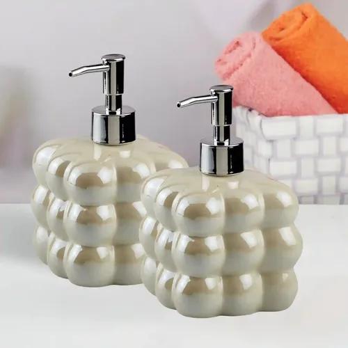 Kookee Ceramic Soap Dispenser for Bathroom hand wash, refillable pump bottle for Kitchen hand wash basin, Set of 2, Beige (10980)